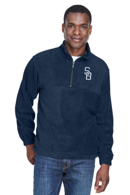 Men's / Unisex quarter zip fleece pullover, with embroidered SB logo on front chest. Front.