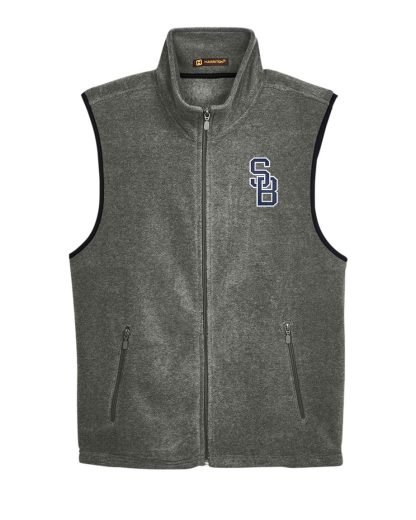 Men's fleece vest, embroidered with SB logo on front chest. Front.