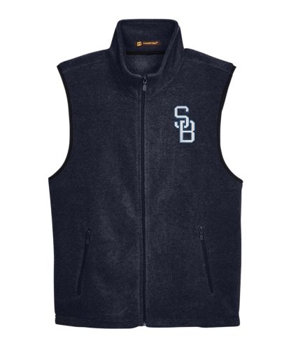 Fleece vest with SB logo embroidered on the front. Navy.