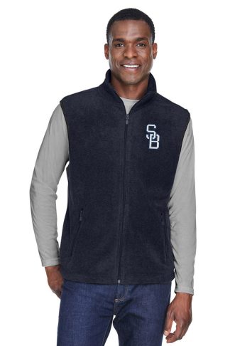 Fleece vest with SB logo embroidered on the front. Front.