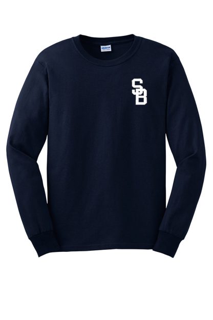 Long sleeve t-shirt with SB logo printed on front. Navy. Front.