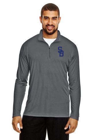 Men's Performance Quarter Zip Pullover, with SB logo on front chest. Graphite. Front.