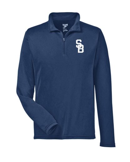 Men's Performance Quarter Zip Pullover, with SB logo on front chest. Navy. Front.