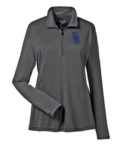 Ladies' Performance Quarter Zip Pullover, with SB logo on front chest. Graphite. Front.