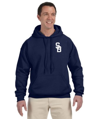 Men's pullover hoodies with SB logo. Front, Navy.