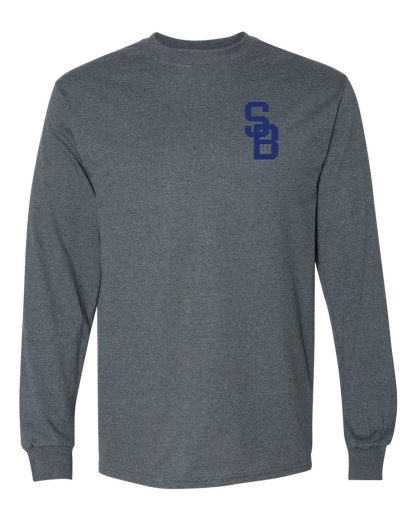 50-50 long sleeve t-shirt with front SB imprint. Gray. Front.