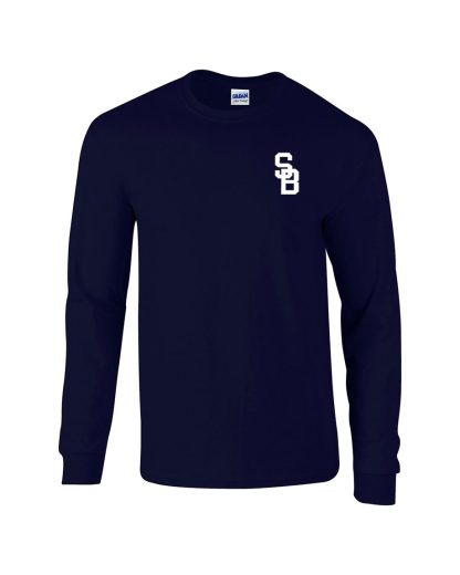 50-50 long sleeve t-shirt with front SB imprint. Navy. Front.