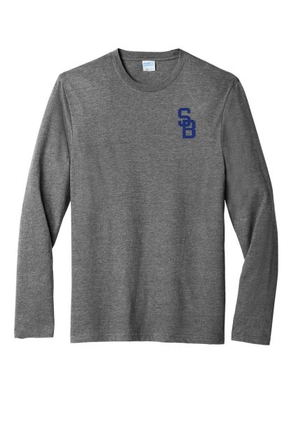 Tri-Blend long sleeve t-shirt with SB logo printed on front. Gray. Front.