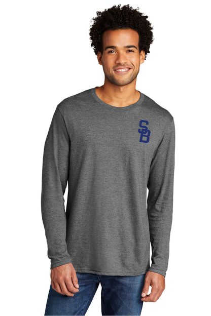 Tri-Blend long sleeve t-shirt with SB logo printed on front. Gray. Model.