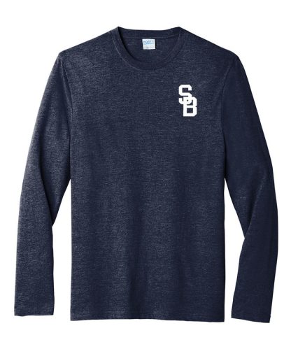 Tri-Blend long sleeve t-shirt with SB logo printed on front. Navy. Front.