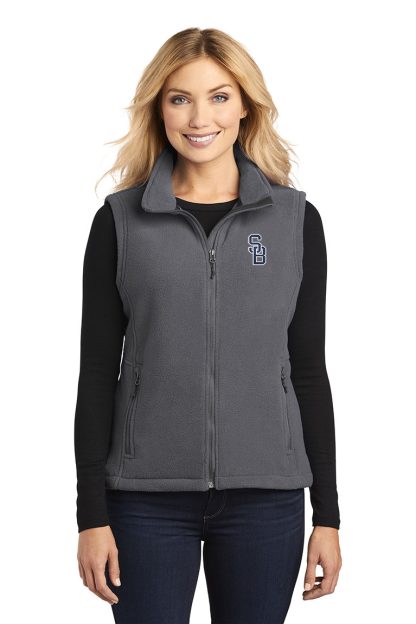 Women's fleece vest, embroidered with SB logo on front chest. Front view.