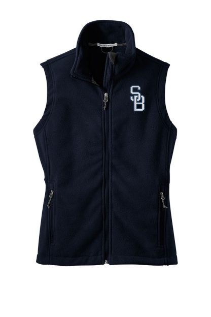 Women's fleece vest, embroidered with SB logo on front chest. Front view.