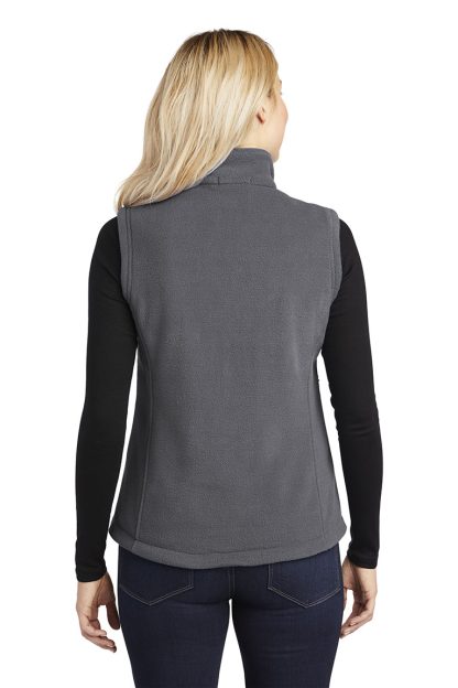 Women's fleece vest, embroidered with SB logo on front chest. Back.