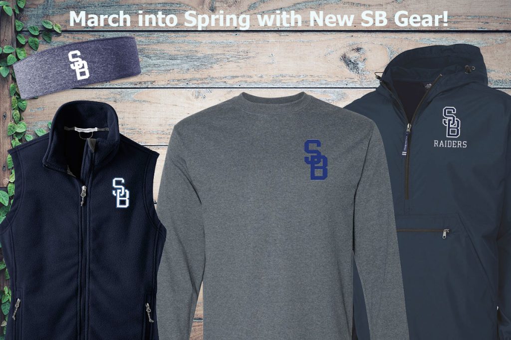 March into spring with new SB gear! SB printed long sleeve gray t-shirt, blue marled head band, embroidered windbreaker and embroidered ladies fleece vest. 